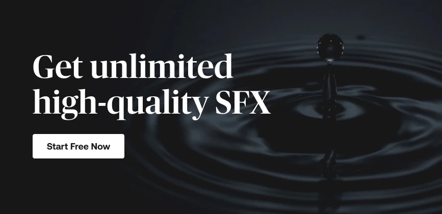 Banner for unlimited high-quality SFX, showing a dramatic splash from a water droplet on a dark background. Includes a