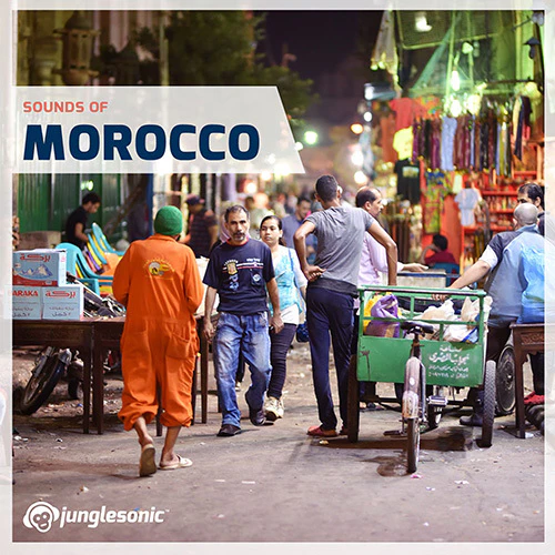 Cover art for Sounds of Morocco sound effects pack showing a street scene in Morocco