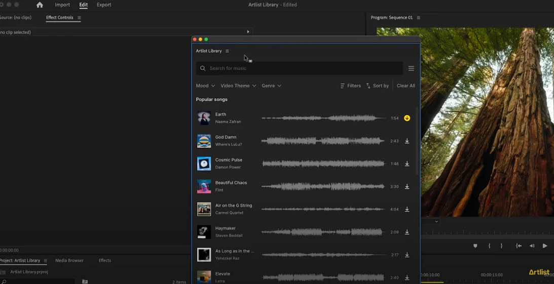 Artlist library extension in premiere pro