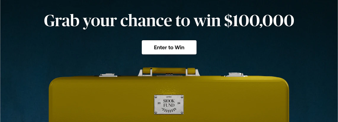 A yellow suitcase with the Artlist 2024 $100K Fund logo and text that reads "Grab your chance to win $100000" with a button that says Enter to Win