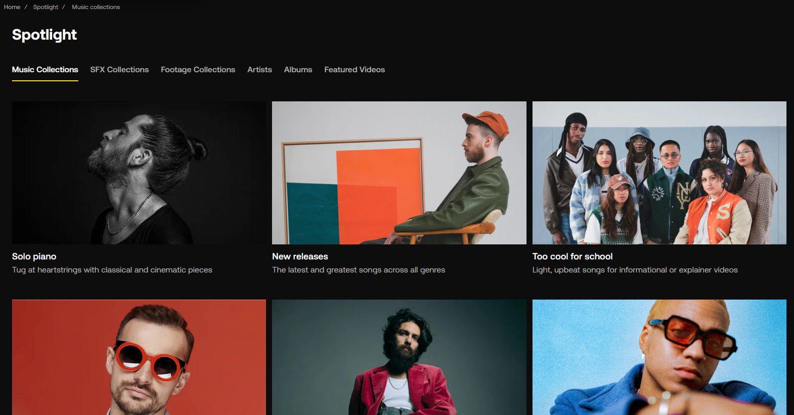 A screenshot of the Spotlight section of the Artlist catalog, featuring curated collections of royalty-free music, SFX, and stock footage