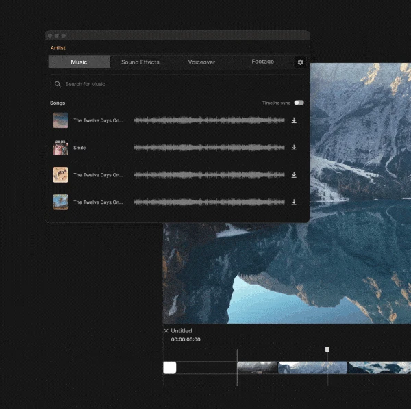 The Artlist Library Extension as used in Adobe Premiere Pro, displaying a selection of royalty-free music, sound effects, and stock footage, with a scenic mountain landscape being edited in the timeline.