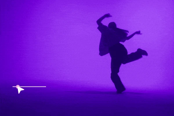A silhouette of a dancer moving energetically against a vibrant purple background, with a progress slider indicating distortion effects, followed by a fire effect being added to a slice of orange, showcasing some of the effects available with Artlist