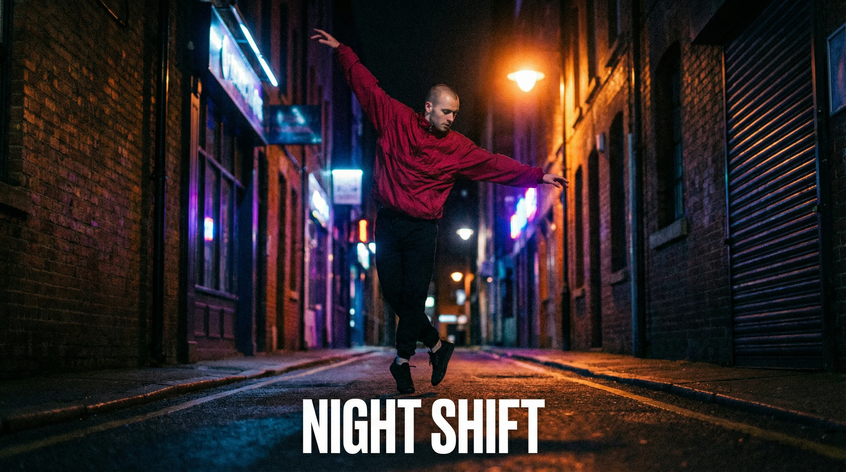 AI generated image using Nano Banana Pro of Male-presenting dancer in his mid-20s with a shaved fade, wearing a red windbreaker. 9:16 portrait, low-angle medium shot, 35mm lens look. Dancing mid-motion under a flickering streetlight in a narrow alley at night. High-contrast neon reflections, gritty film texture. Add the text ‘NIGHT SHIFT’ in bold white condensed type at the bottom.