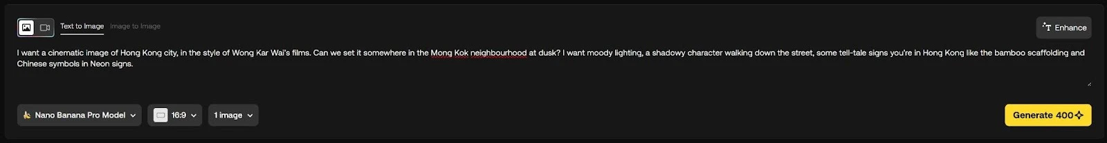 screenshot of Nano Banana Pro text to image on Artlist AI with text prompt