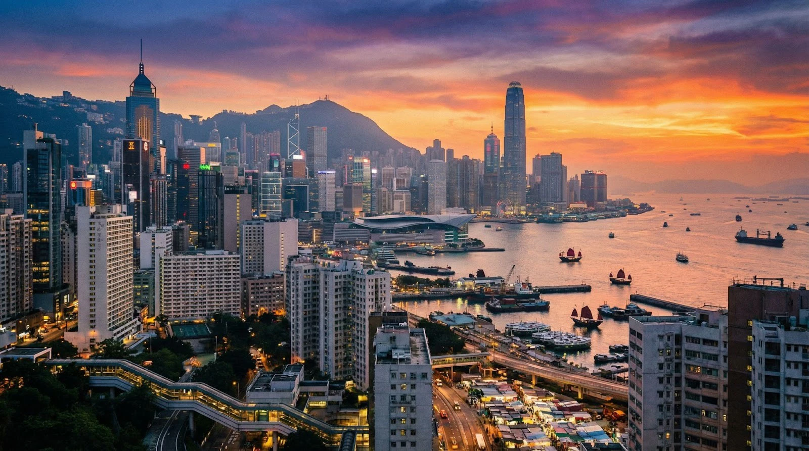 AI generated image of the city of Hong Kong at sunset.