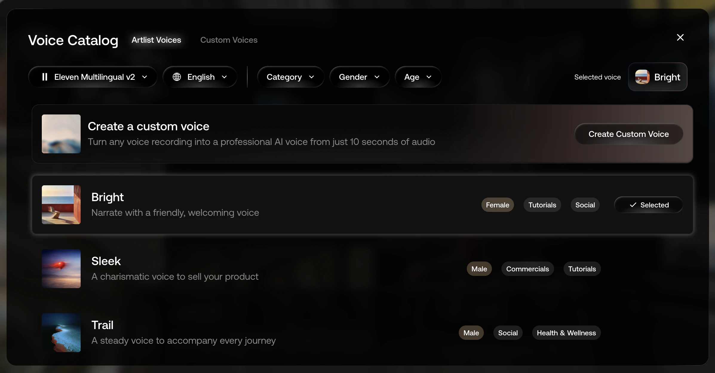 Screenshot of the AI voiceover on the Artlist AI Toolkit. The voice catalog has many vice options and you can filter by voice model, language, category, gender and age.