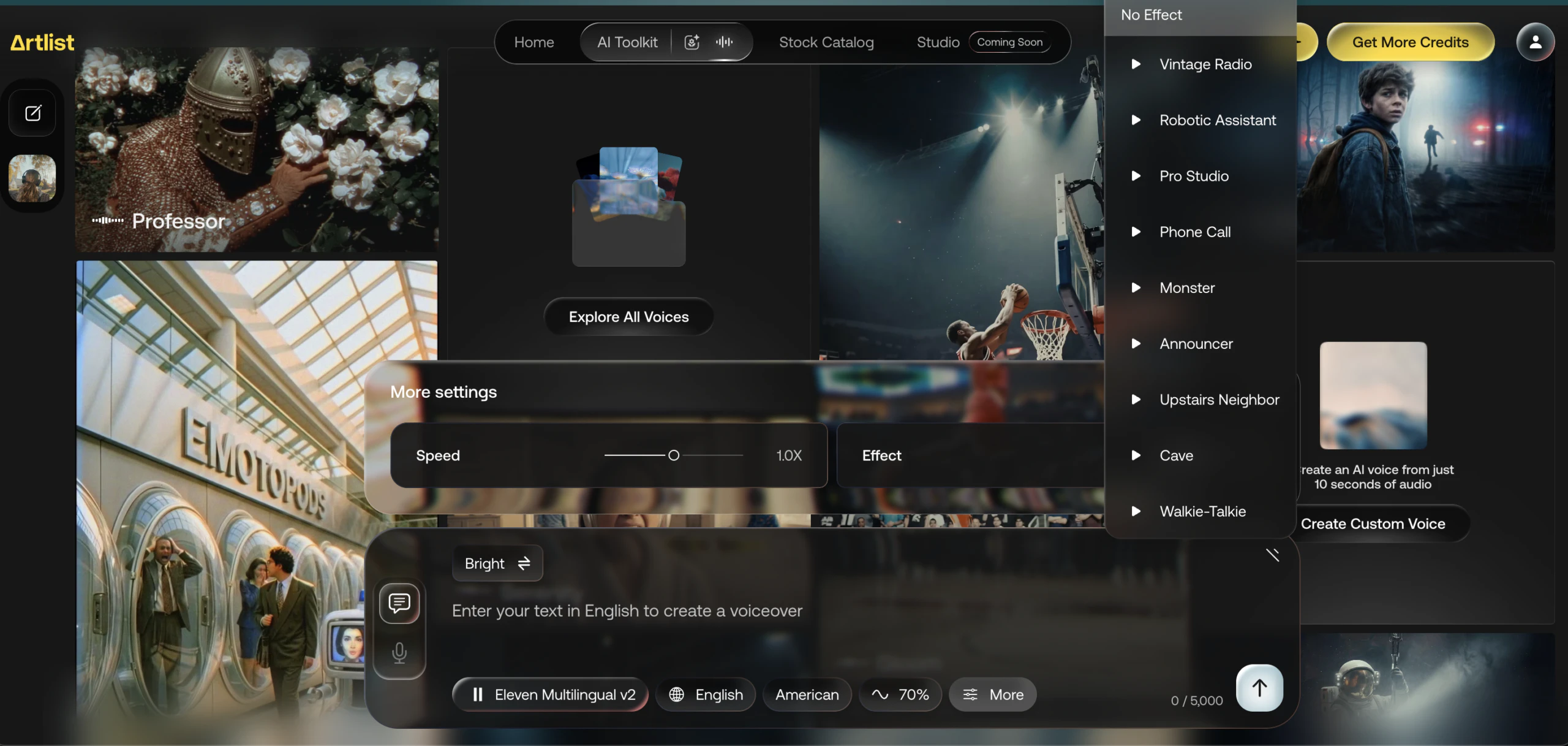 Screenshot of AI voiceover on the Artlist AI Toolkit. You can see the model, accent, speed and voice effect settings.