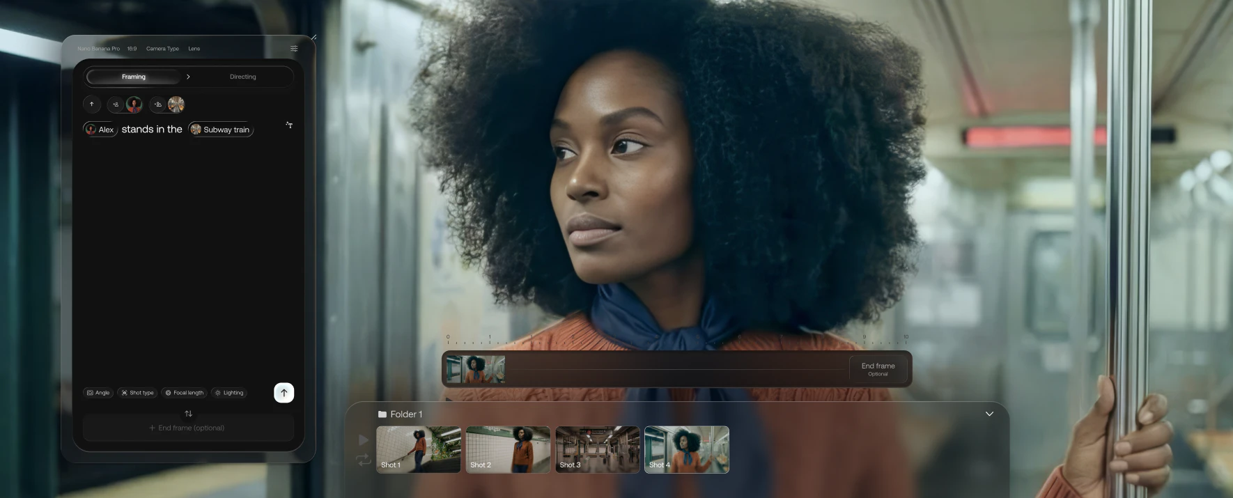 An AI image of a black woman on a train with a prompt box. It shows what you can with the Artlist AI Studio where you can cast characters, location scout and build your own story with more control.