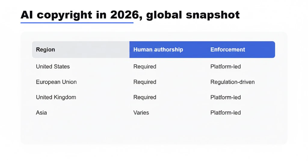 A table displaying an overview of AI copyright laws by region, and enforcement