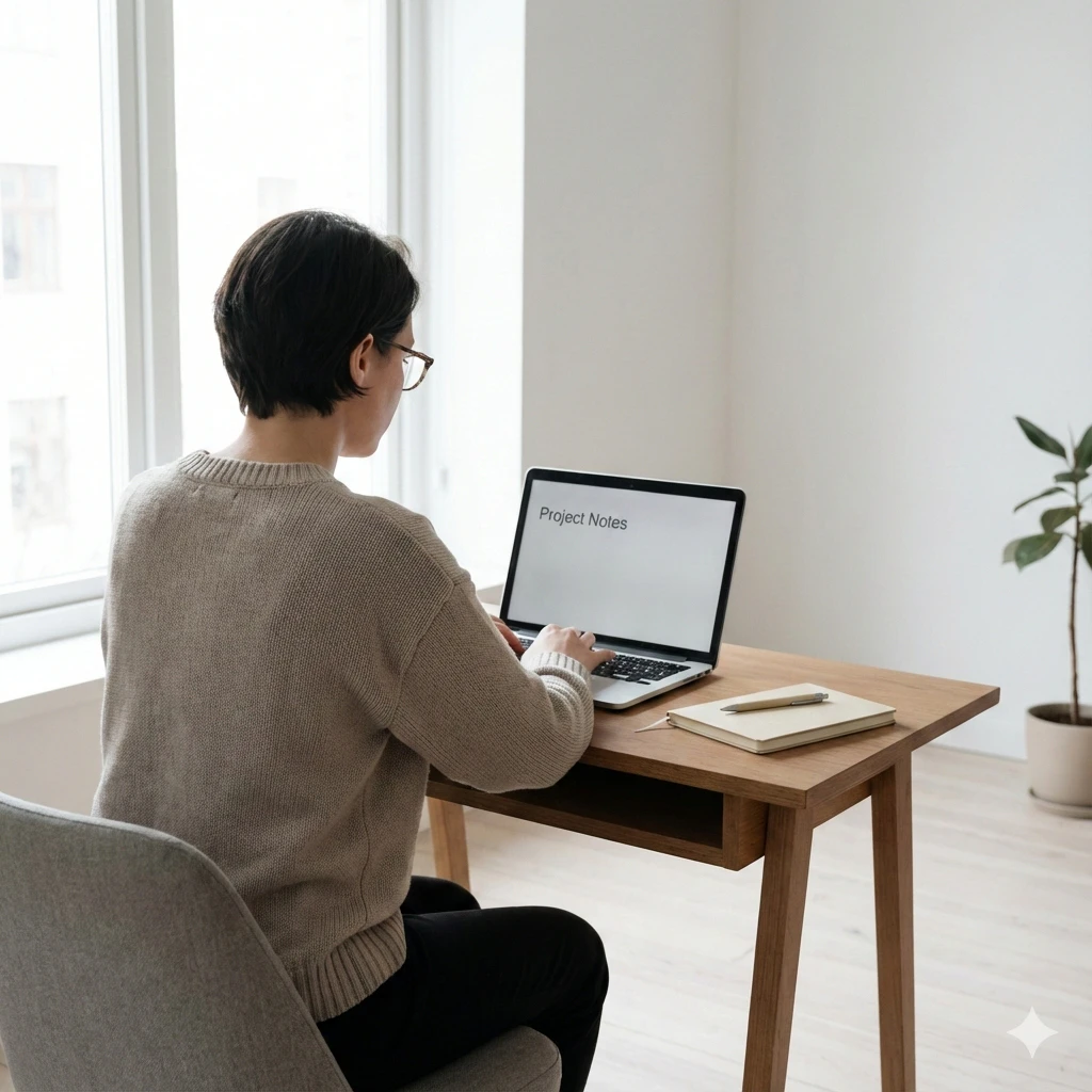 Person seated at a wooden desk near a large window, typing on a laptop labeled “Project Notes,” with a notebook and pen beside it in a clean, modern workspace; image generated by Nano Banana Pro.
