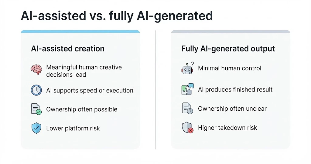 Overview of the difference between “AI-assisted” and “fully AI-created”