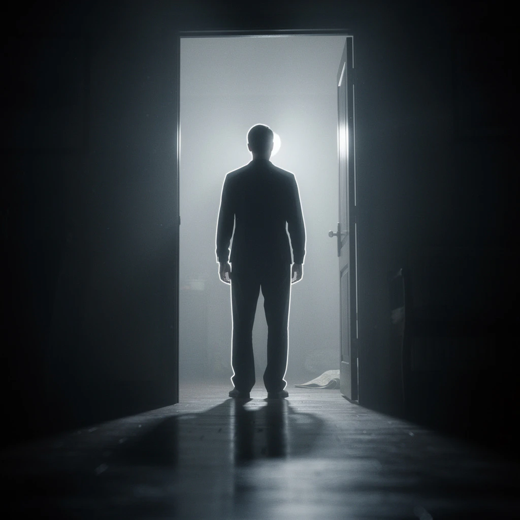 A Flux 2.0 generated image of a person standing in a doorway at night with a bright light source behind them.