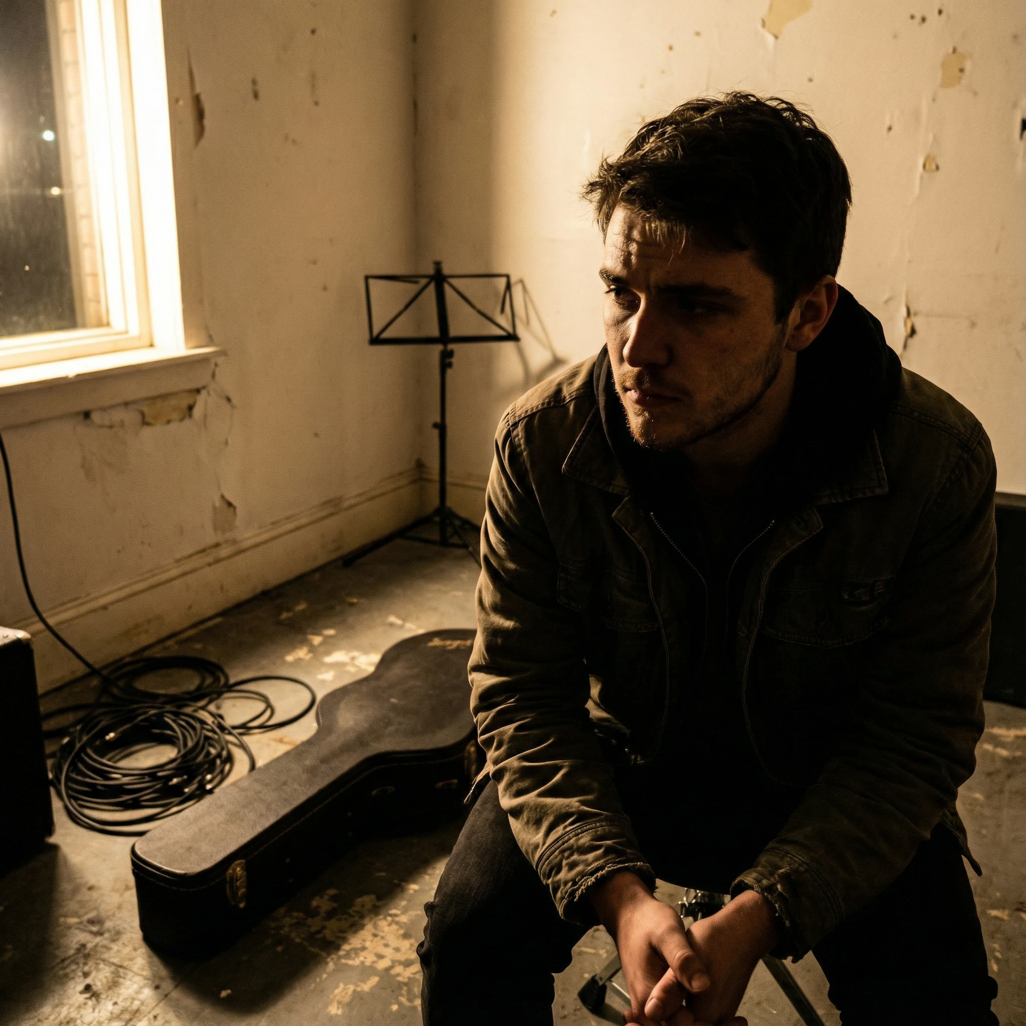 A Nano Banana Pro generated portrait of a young man in an empty rehearsal studio with a guitar case and cables on the floor.