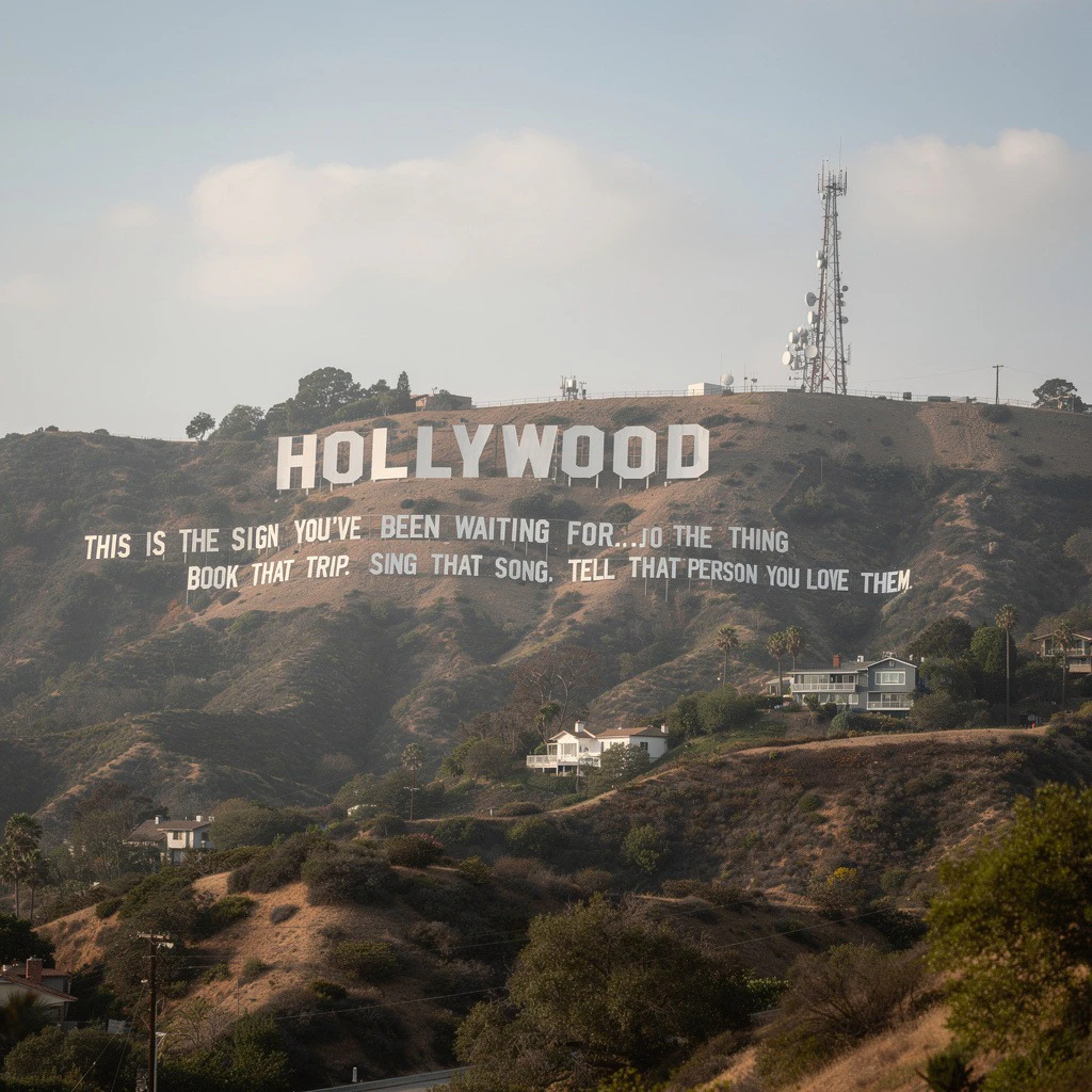 A Flux 2.0 Pro-generated image of the Hollywood Hills with text