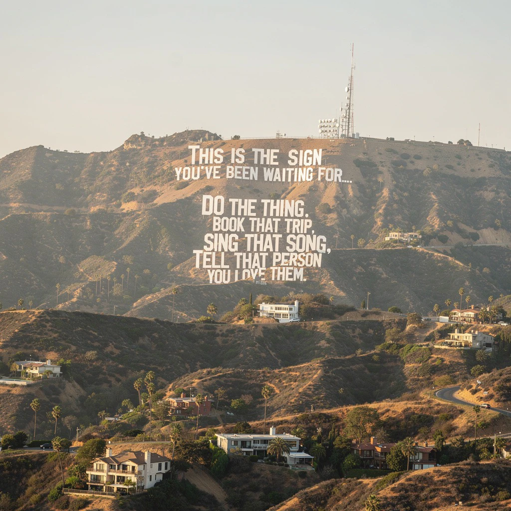 A Flux 2.0 Pro-generated image of the Hollywood Hills with text