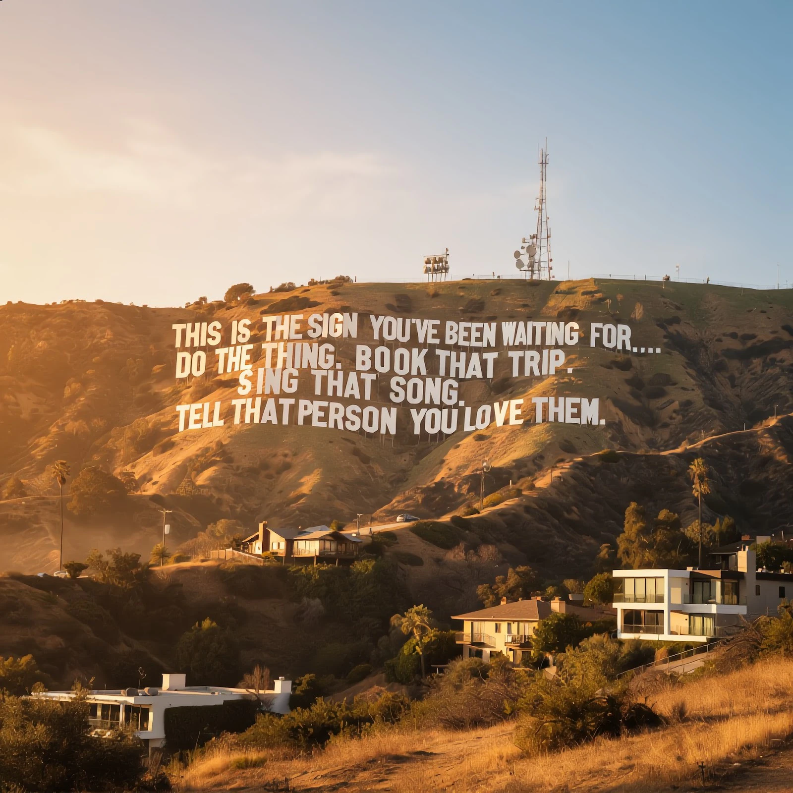 A Kling O1-generated image of the Hollywood Hills with text