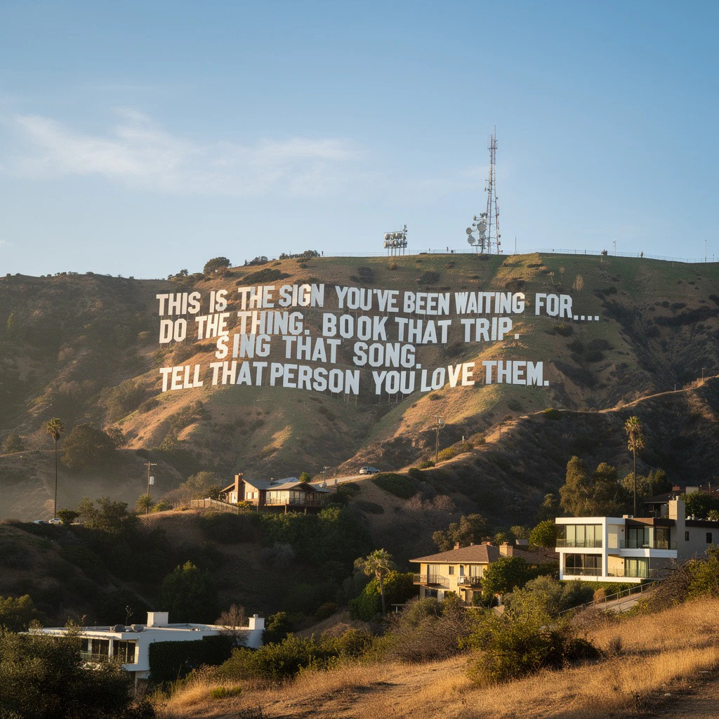 A Flux 2.0 Pro-generated image of the Hollywood Hills with text