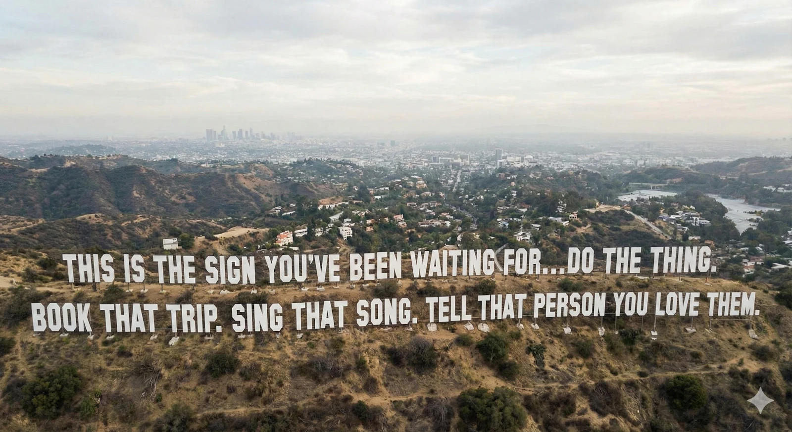 A Nano Banana Pro-generated image of the Hollywood Hills with text
