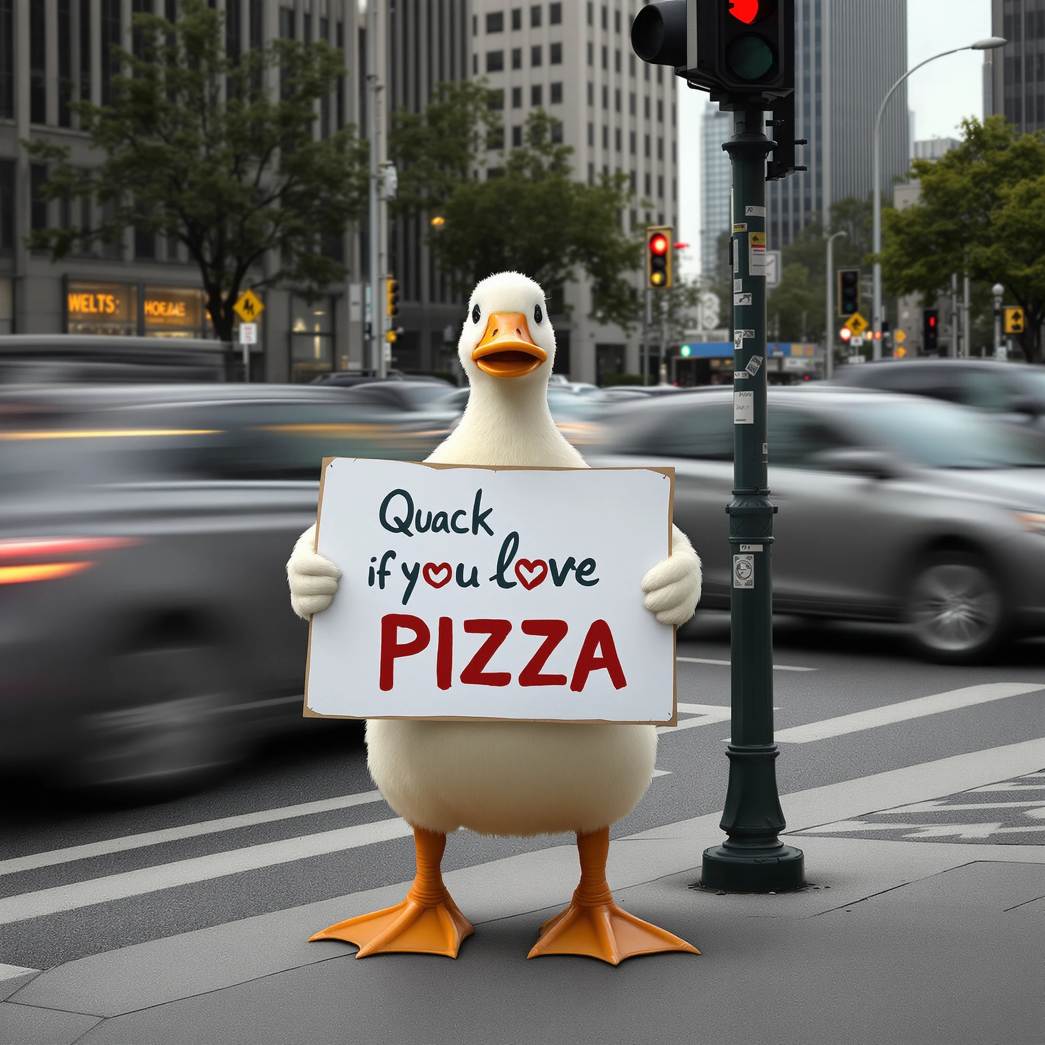 A Flux 2.0 Pro Ultra-generated image of a humanoid duck holding a sign reading "Quack if you love pizza" in front of a busy intersection.
