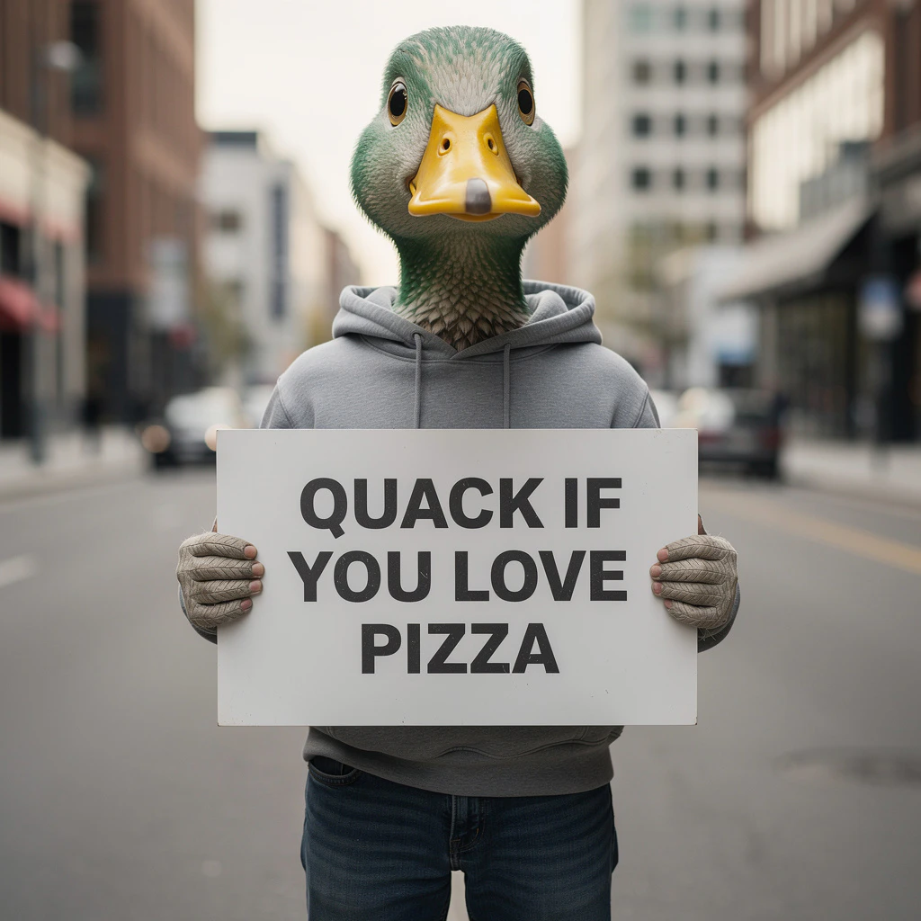 A Flux 2.0 Pro-generated image of a humanoid duck holding a sign reading "Quack if you love pizza" in front of a busy intersection, with specific background instructions included in the prompt.