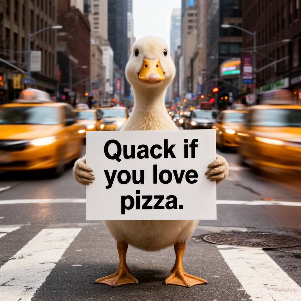 A Flux 2.0 Dev-generated image of a humanoid duck holding a sign reading "Quack if you love pizza" in front of a busy intersection.