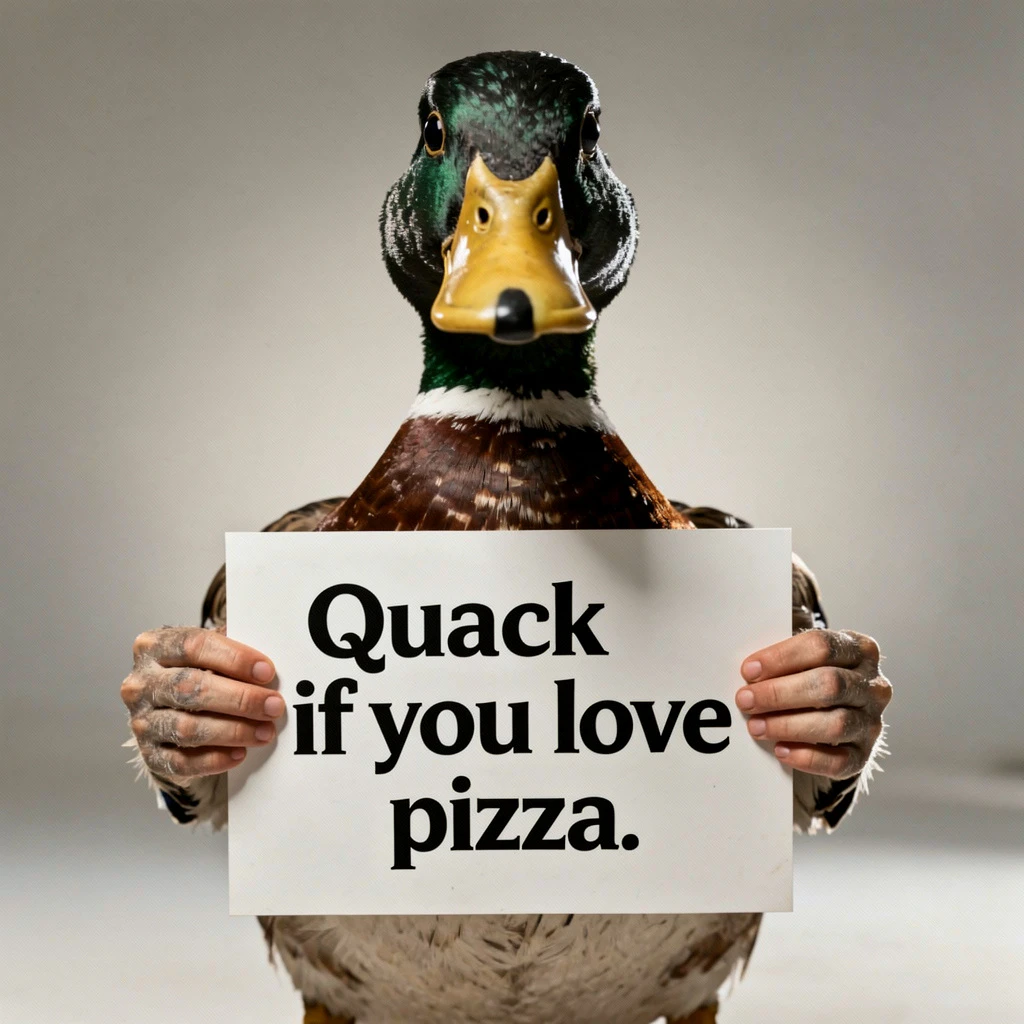A Flux 2.0 Pro-generated image of a humanoid duck holding a sign reading "Quack if you love pizza" in front of a busy intersection, with focused studio lighting.