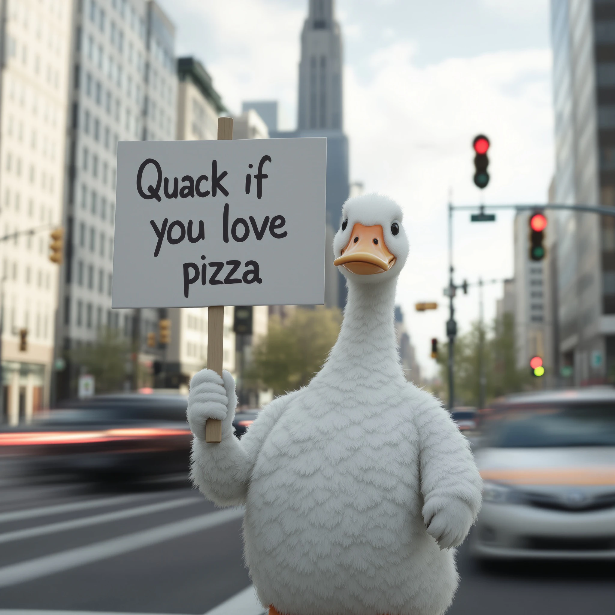 A third generation of a Flux 2.0 Flash-generated image of a humanoid duck holding a sign reading "Quack if you love pizza" in front of a busy intersection.