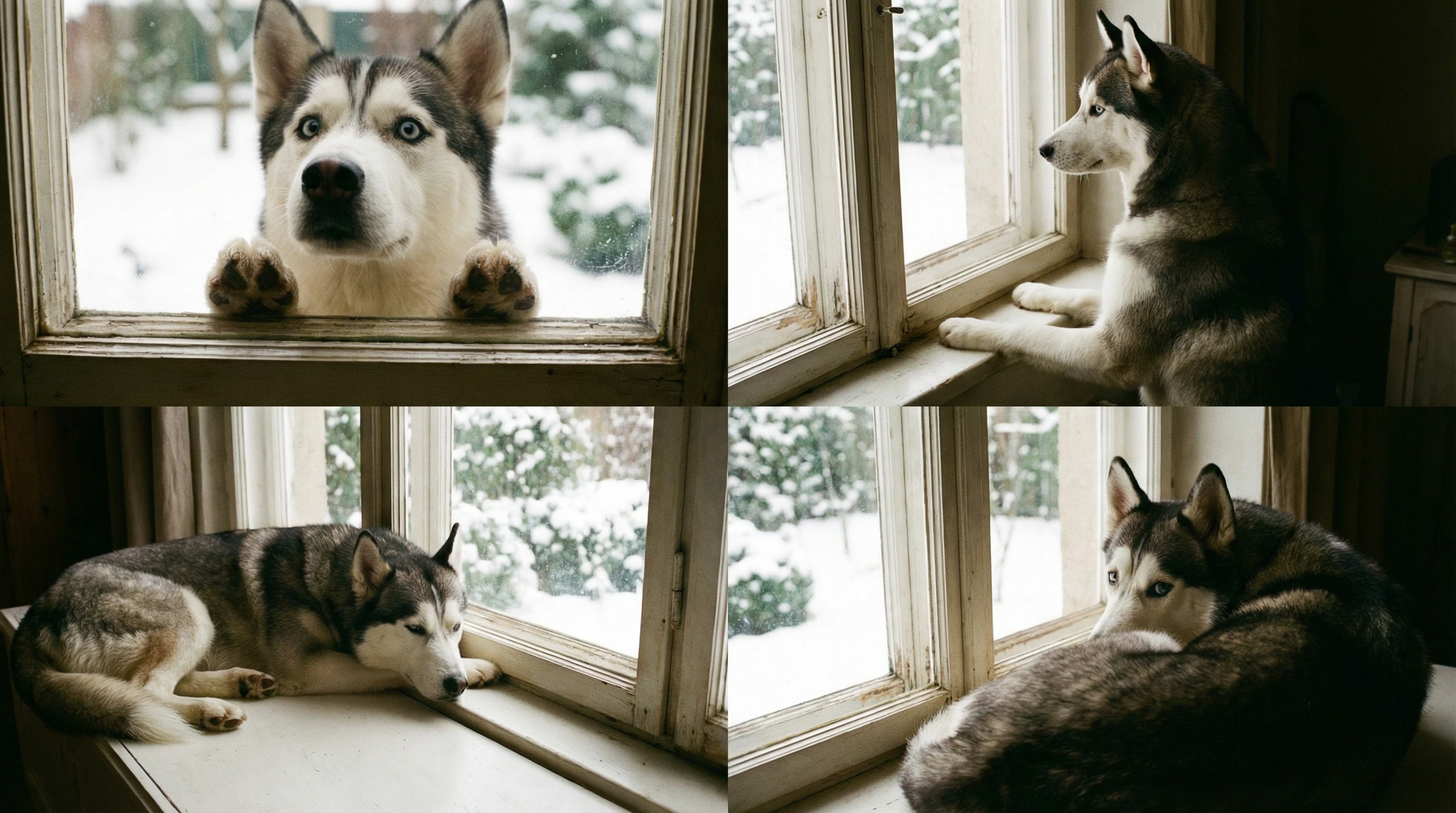 A set of 4 images of a husky puppy with bright blue eyes generated using Nano Banana on Artlist.