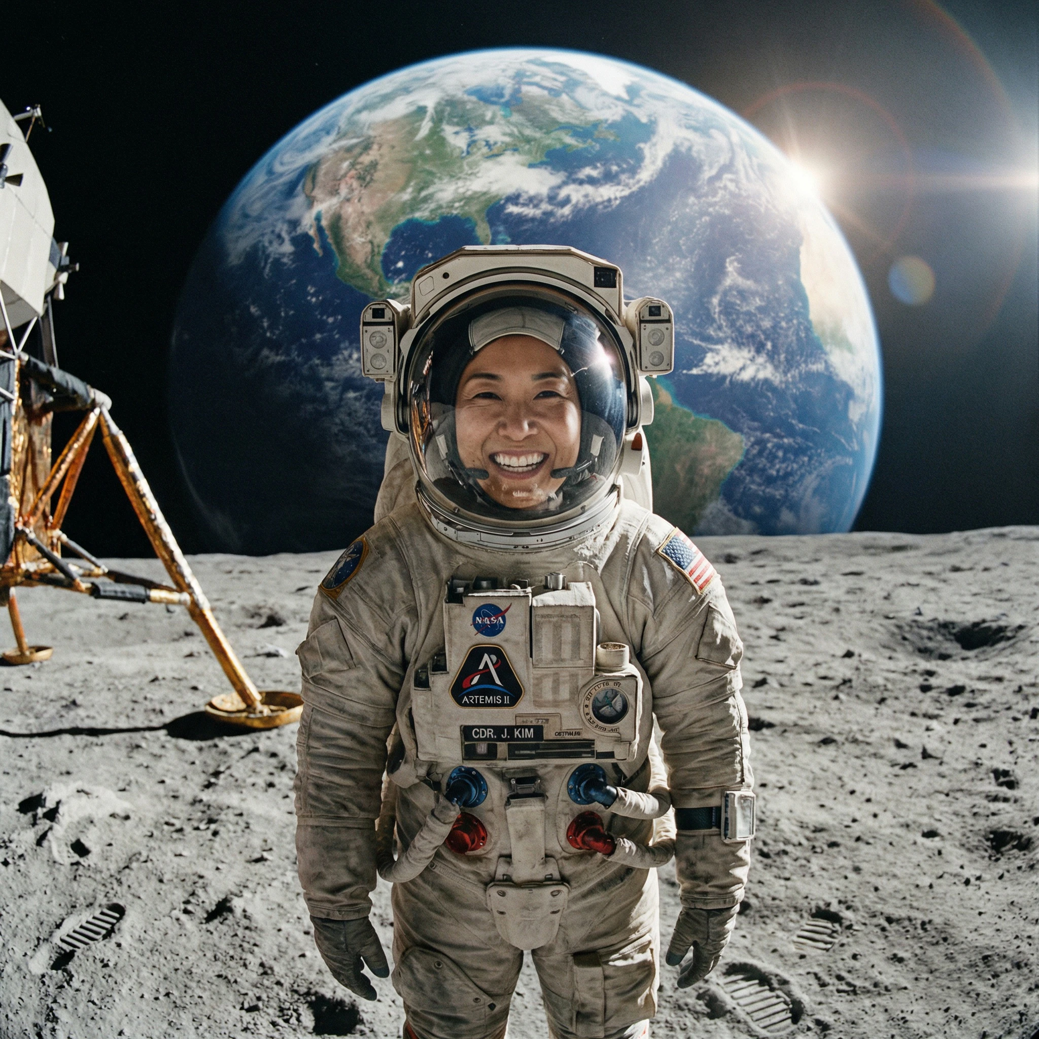 A Nano Banana Pro-generated image of an astronaut standing on the moon, eye-level portrait style.