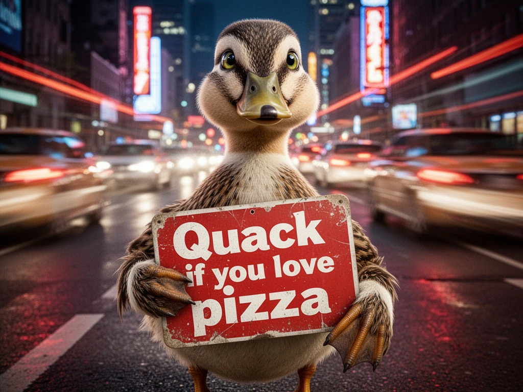 A Flux 2.0 Flash-generated image of a humanoid duck holding a sign reading "Quack if you love pizza" in front of a busy intersection.