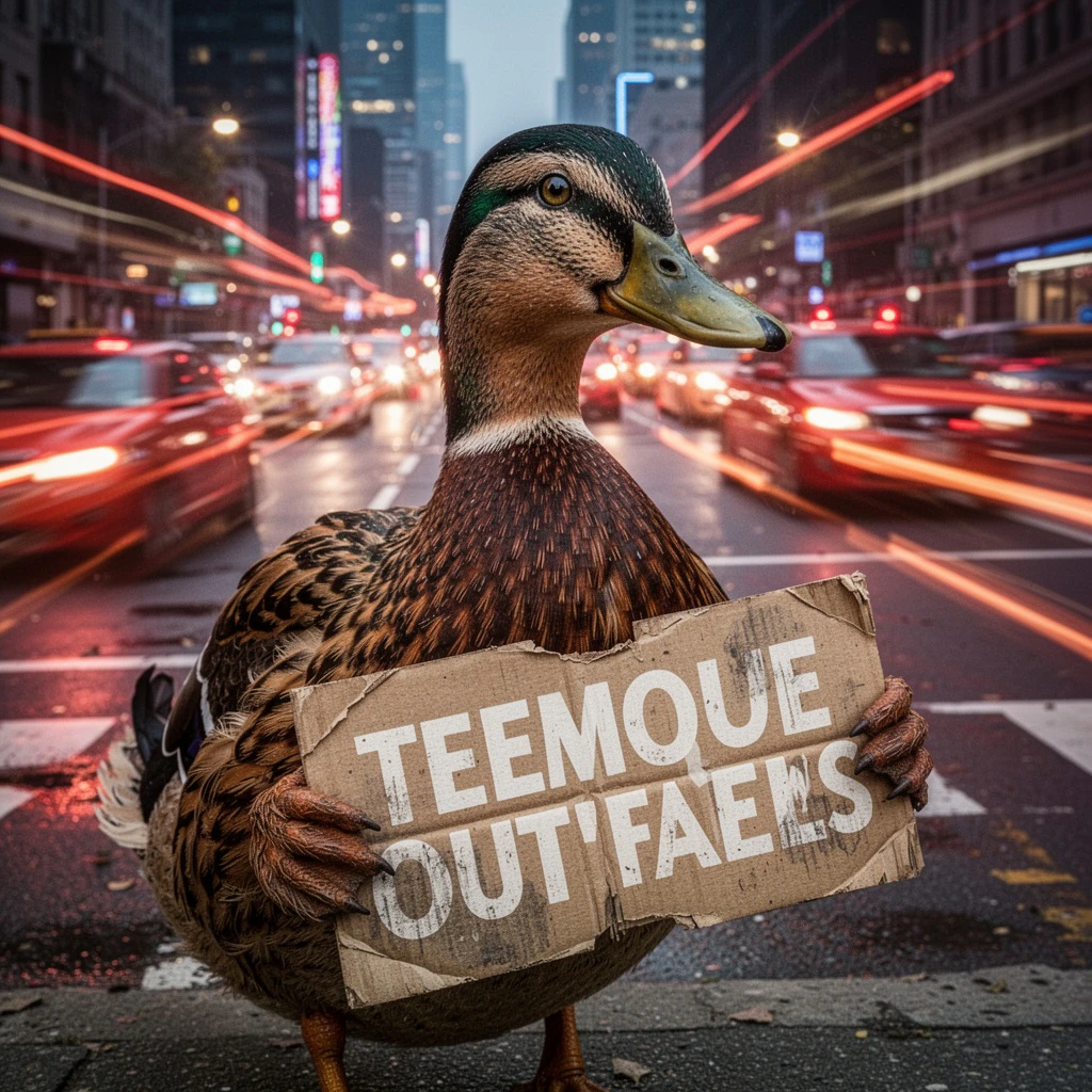 A Flux 2.0 Turbo-generated image of a humanoid duck holding a sign reading "Quack if you love pizza" in front of a busy intersection.