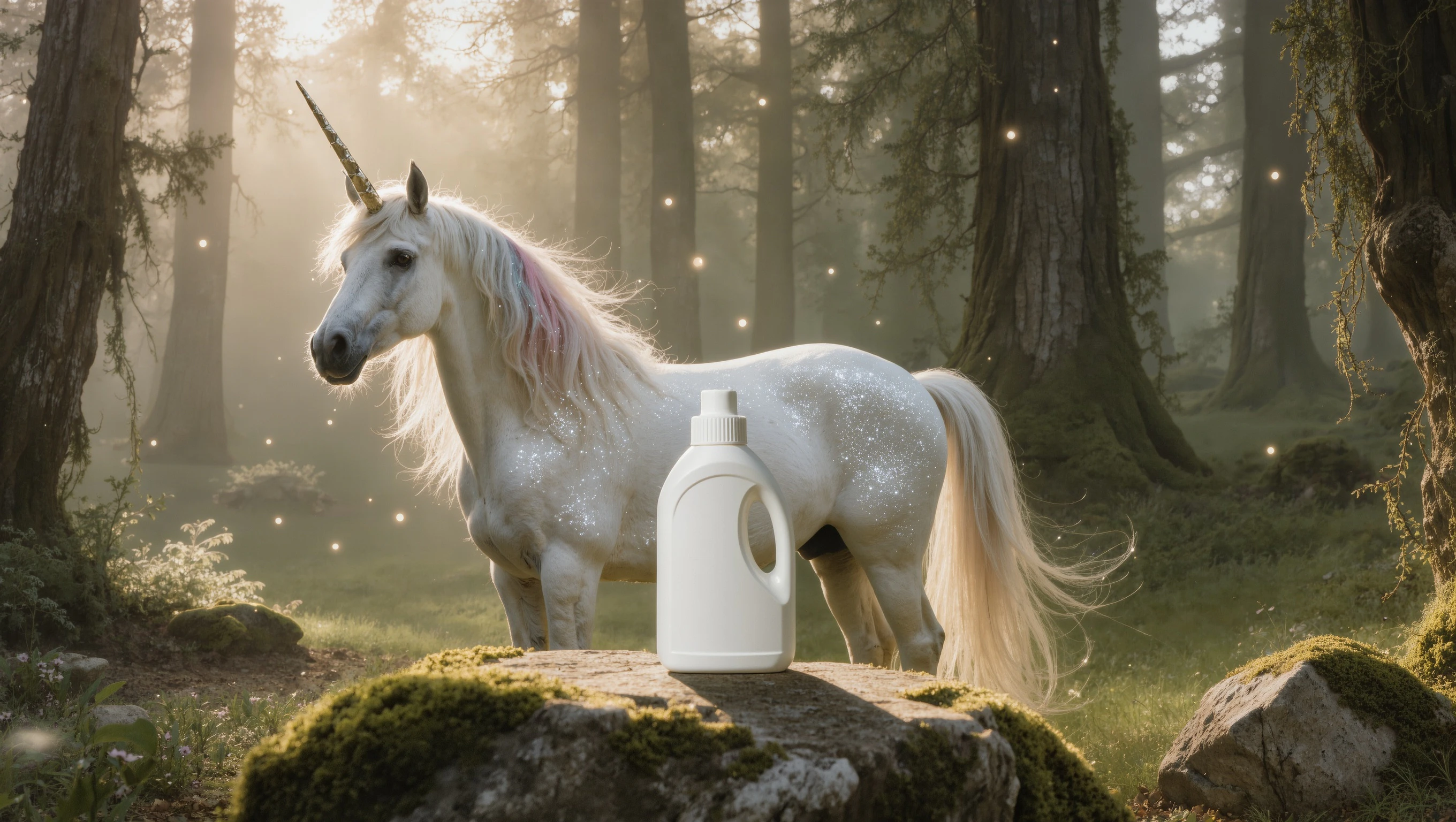 A Kling O3-generated image of a unicorn in a forest with a white detergent bottle, eye-level camera angle.