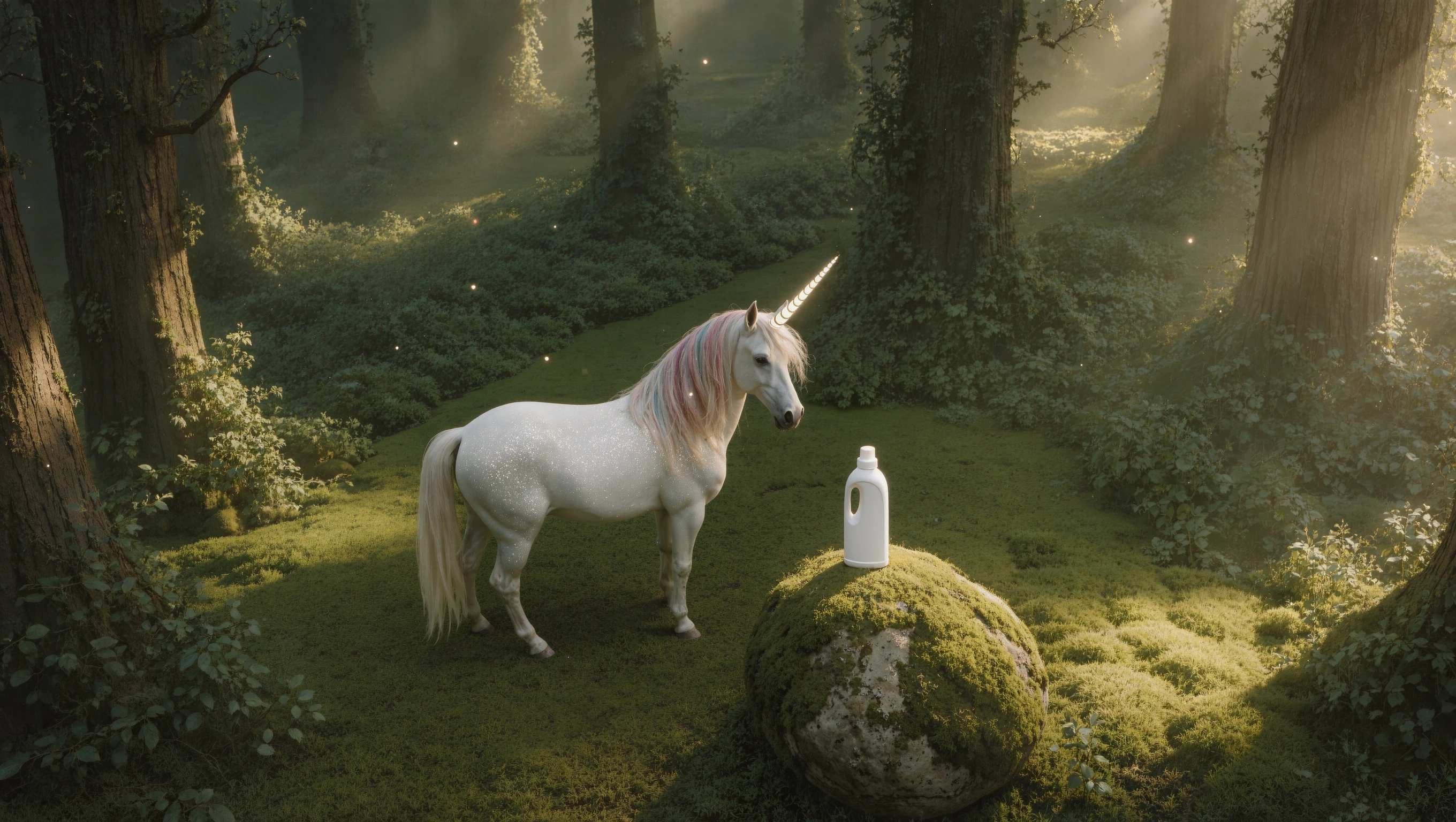 A Kling O3-generated image of a unicorn in a forest with a white detergent bottle, medium low-angle camera angle.