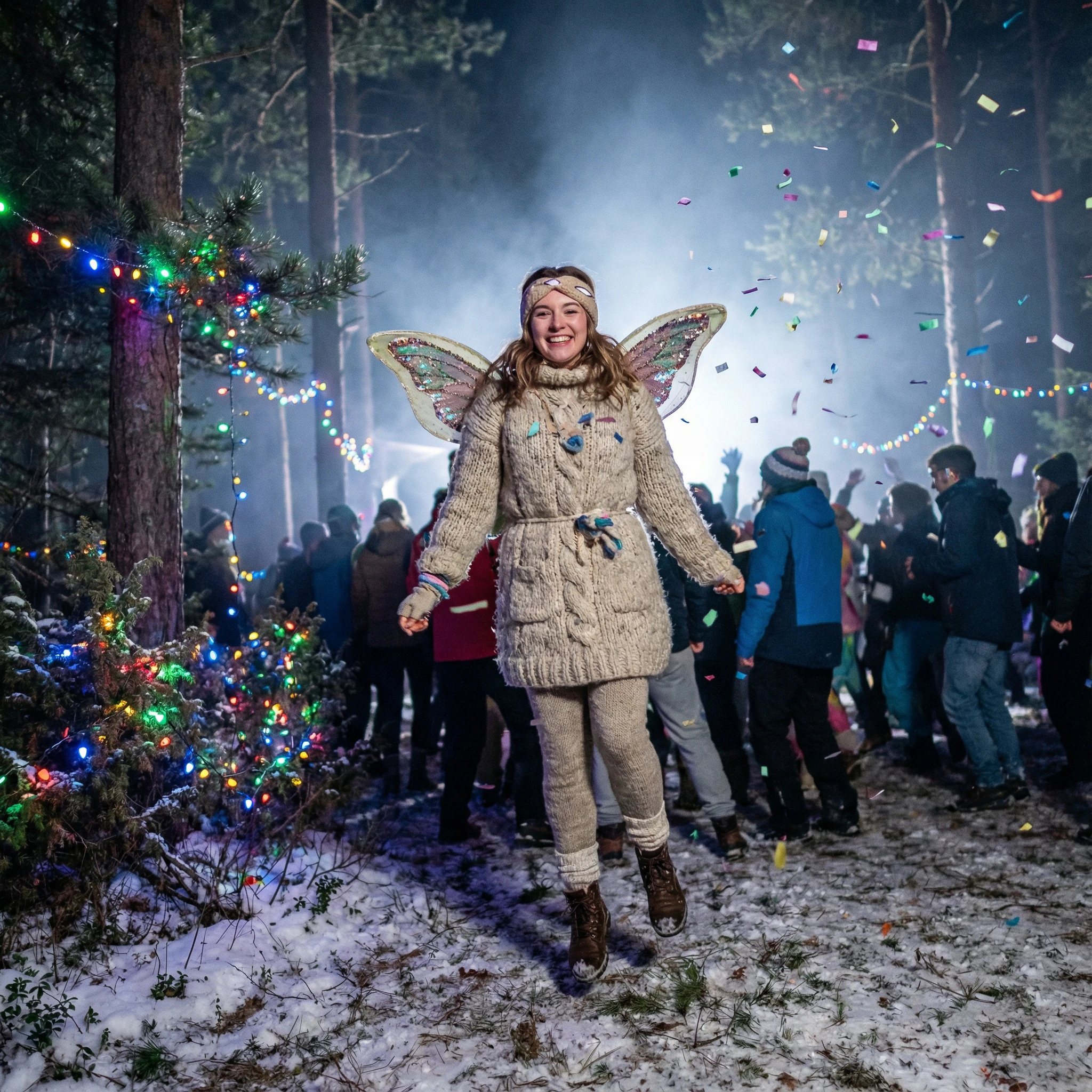 A Nano Banana Pro-generated image of a young woman dancing at a nightime rave, wearing a knitted fairy costume.