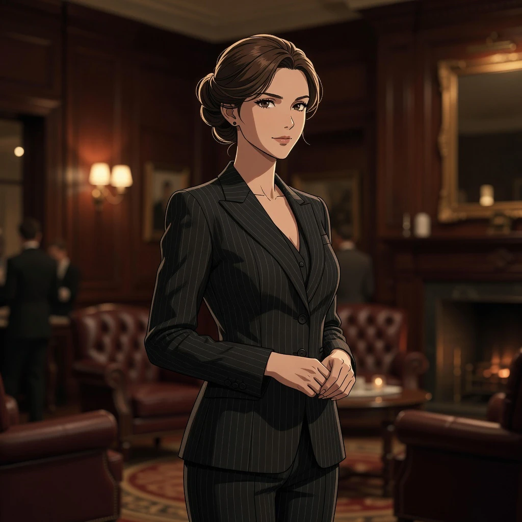 An anime-style image of a woman wearing a suit, standing indoors, generated by Grok Imagine.
