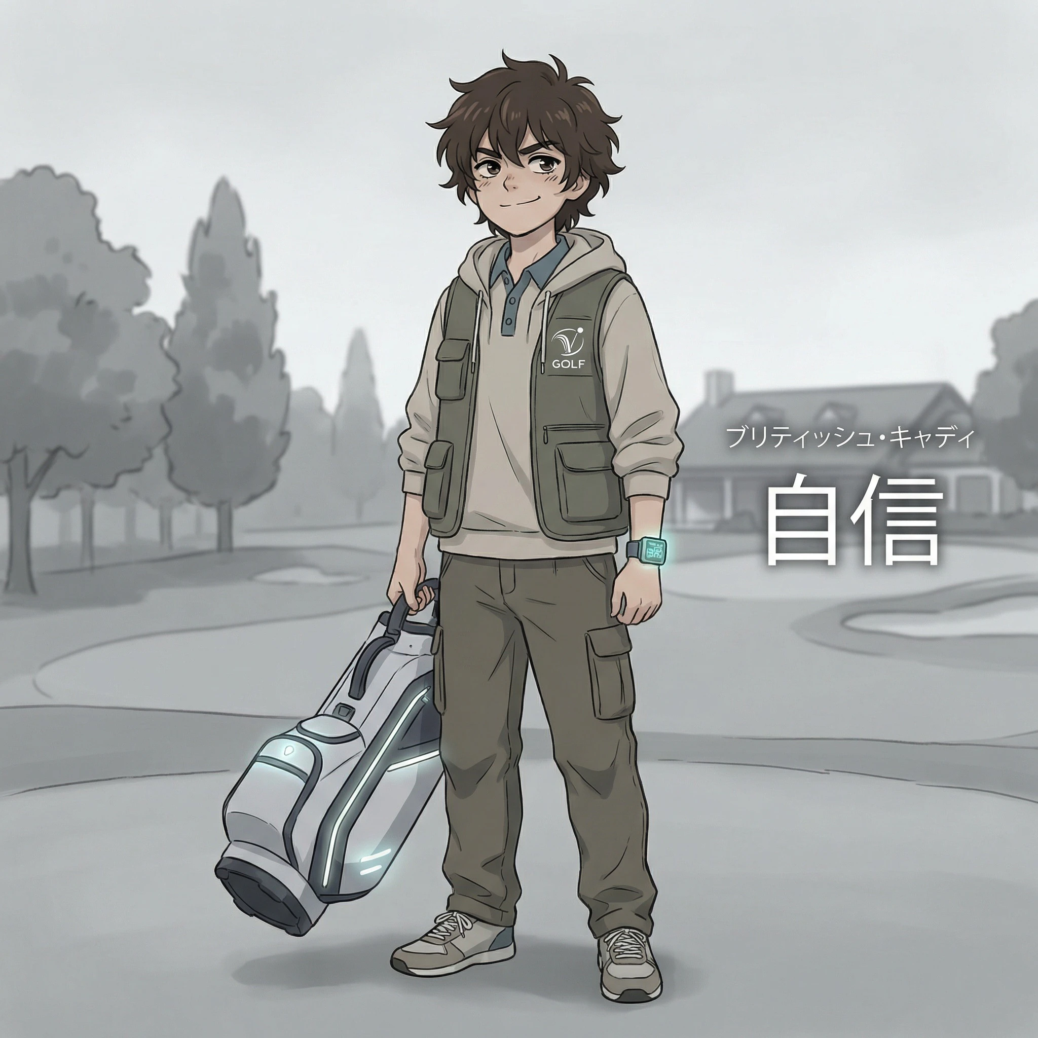 An anime-style image of a man wearing street wear, standing on a golf course, generated by Nano Banana Pro.