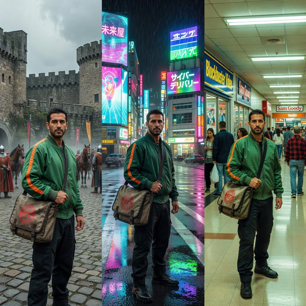 A Grok Imagine-generated image of a man in a green jacket with orange stripe across 3 different timelines.