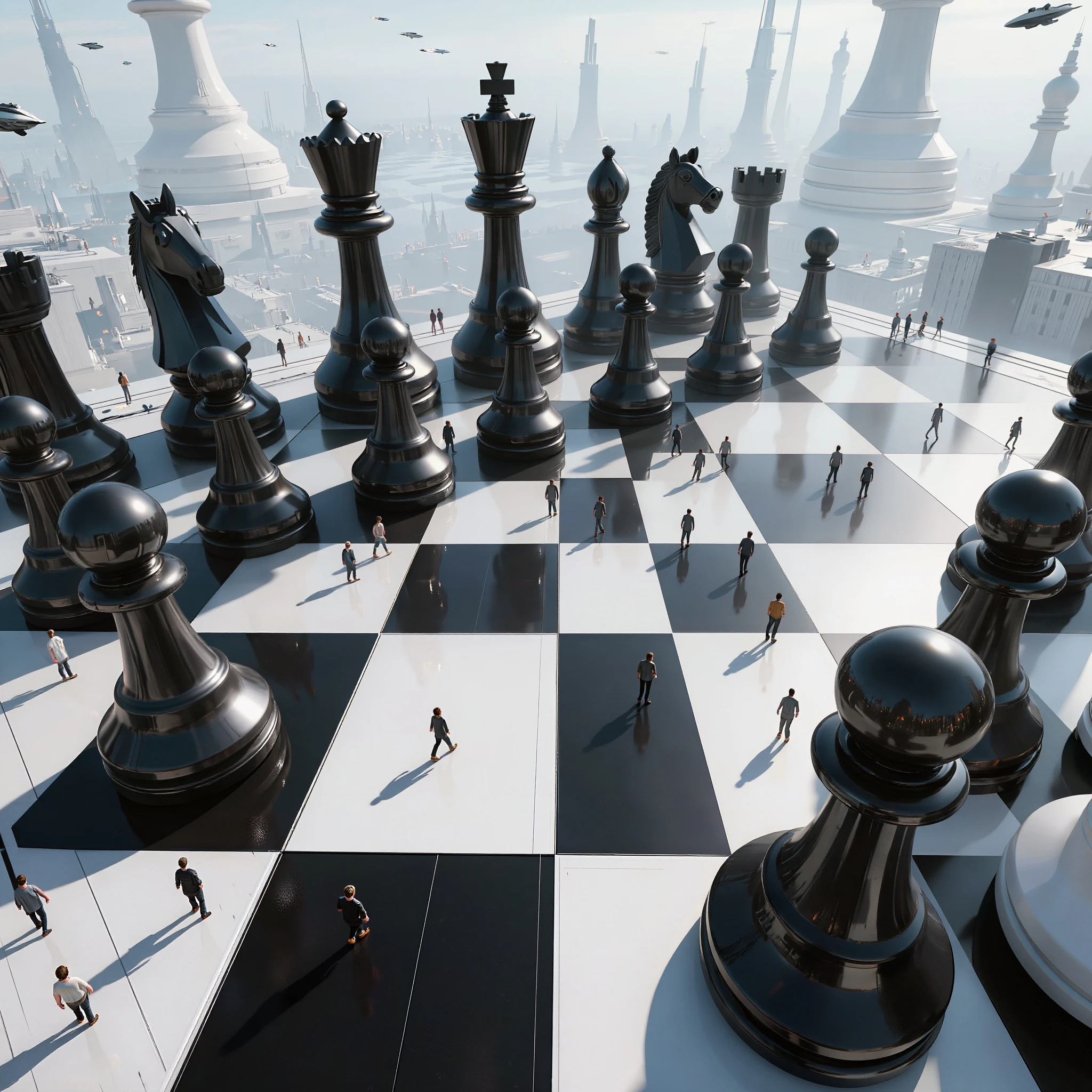 A Kling 3.0-generated image of a futuristic city where the buildings are chess boards, from a bird