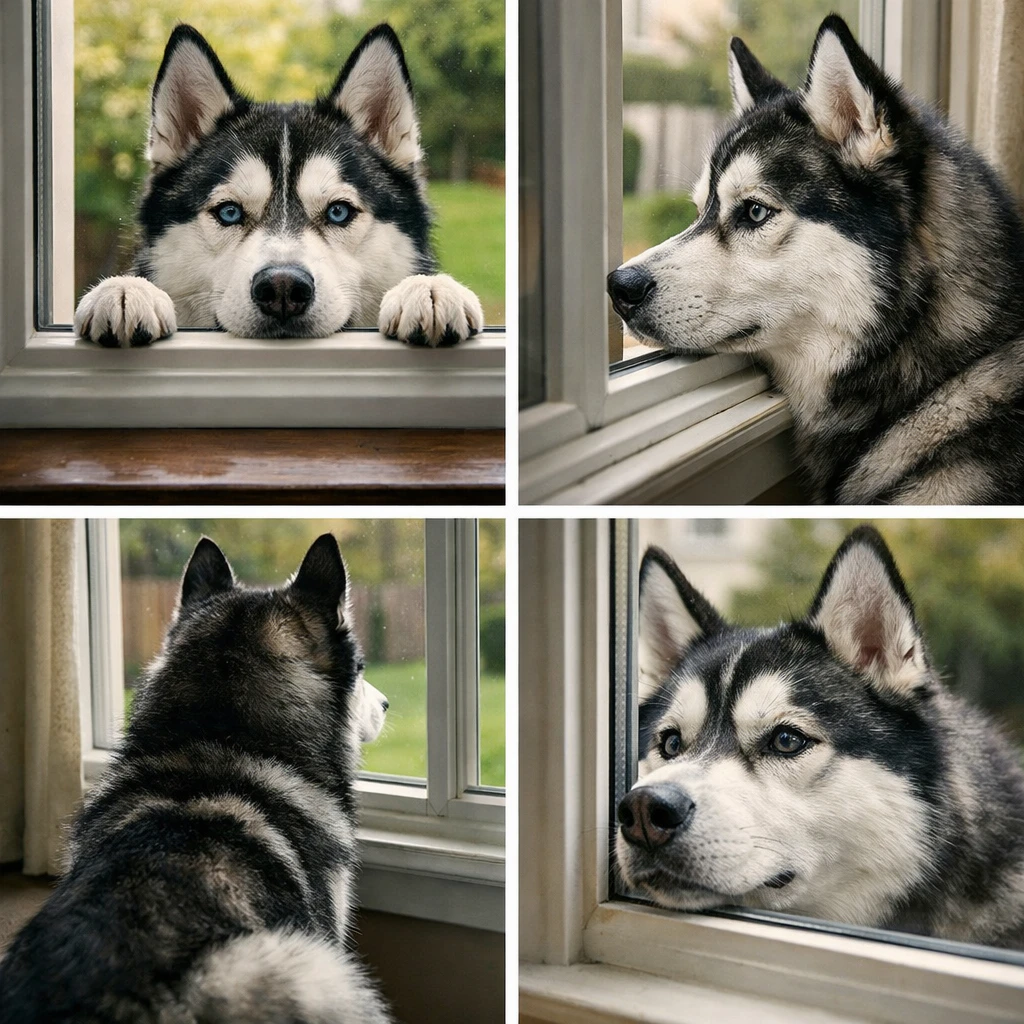A set of 4 images of a husky puppy with bright blue eyes generated using GPT Image 1.5 on Artlist.