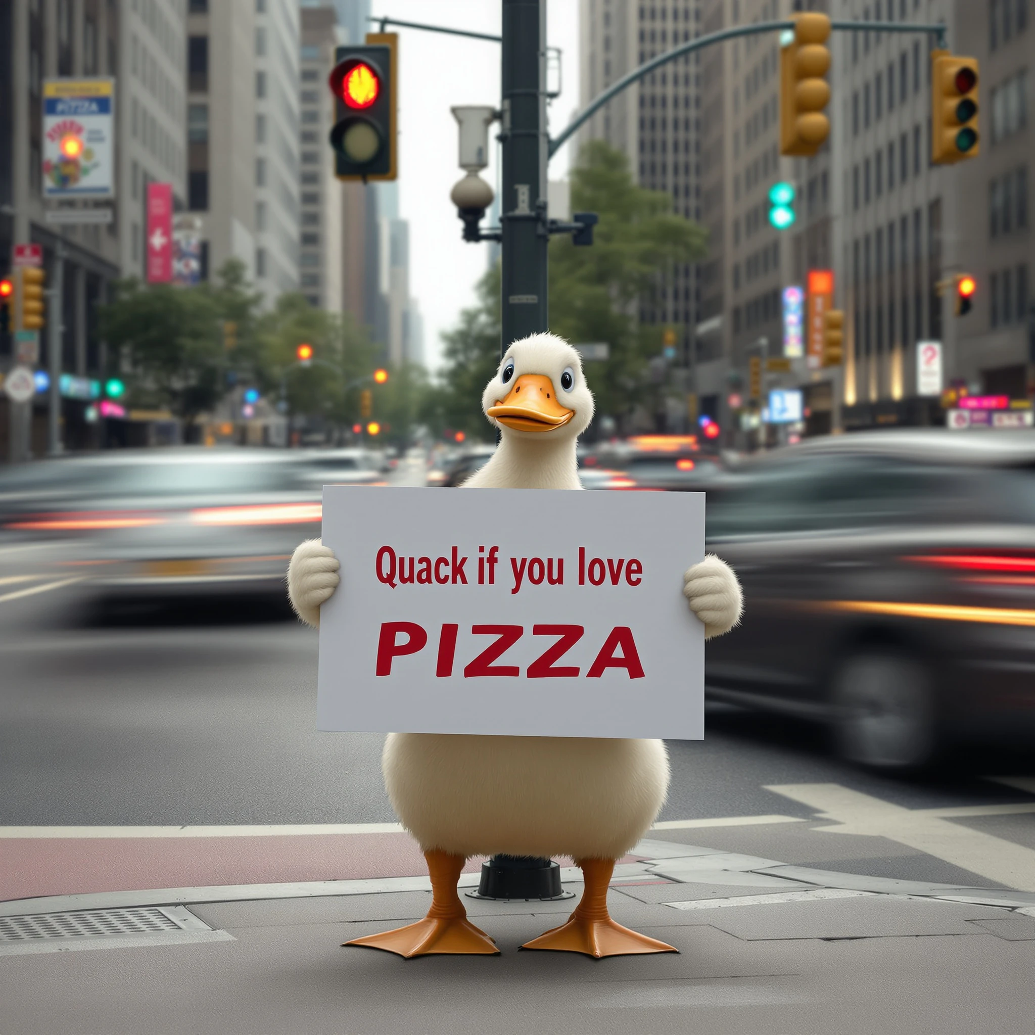 A second generation of a Flux 2.0 Flash-generated image of a humanoid duck holding a sign reading "Quack if you love pizza" in front of a busy intersection.
