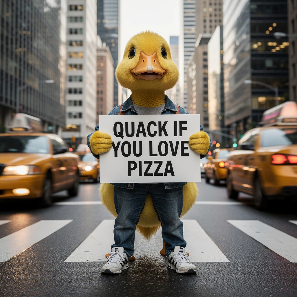 A Flux 2.0 Pro-generated image of a humanoid duck holding a sign reading "Quack if you love pizza" in front of a busy intersection.