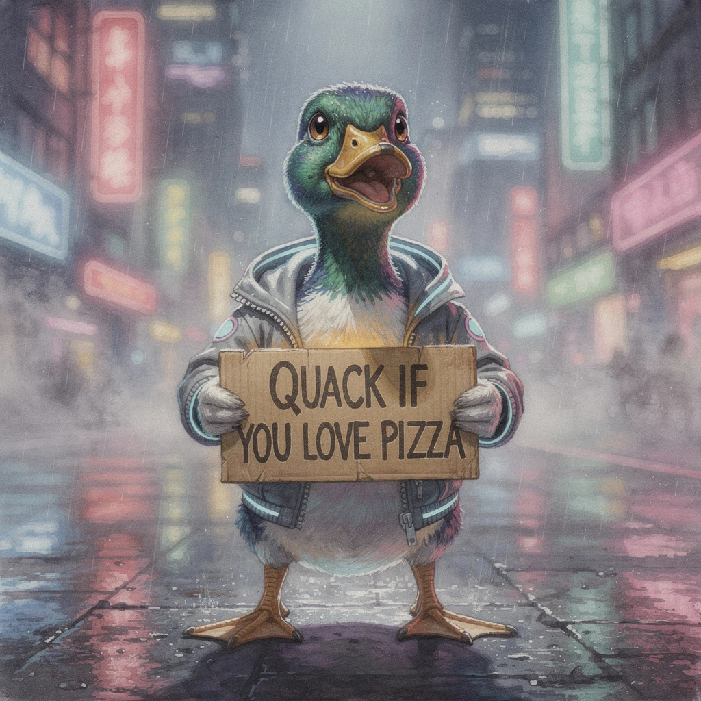 A Flux 2.0 Pro-generated image of a humanoid duck holding a sign reading "Quack if you love pizza" in front of a busy intersection, with many confusing prompt details.