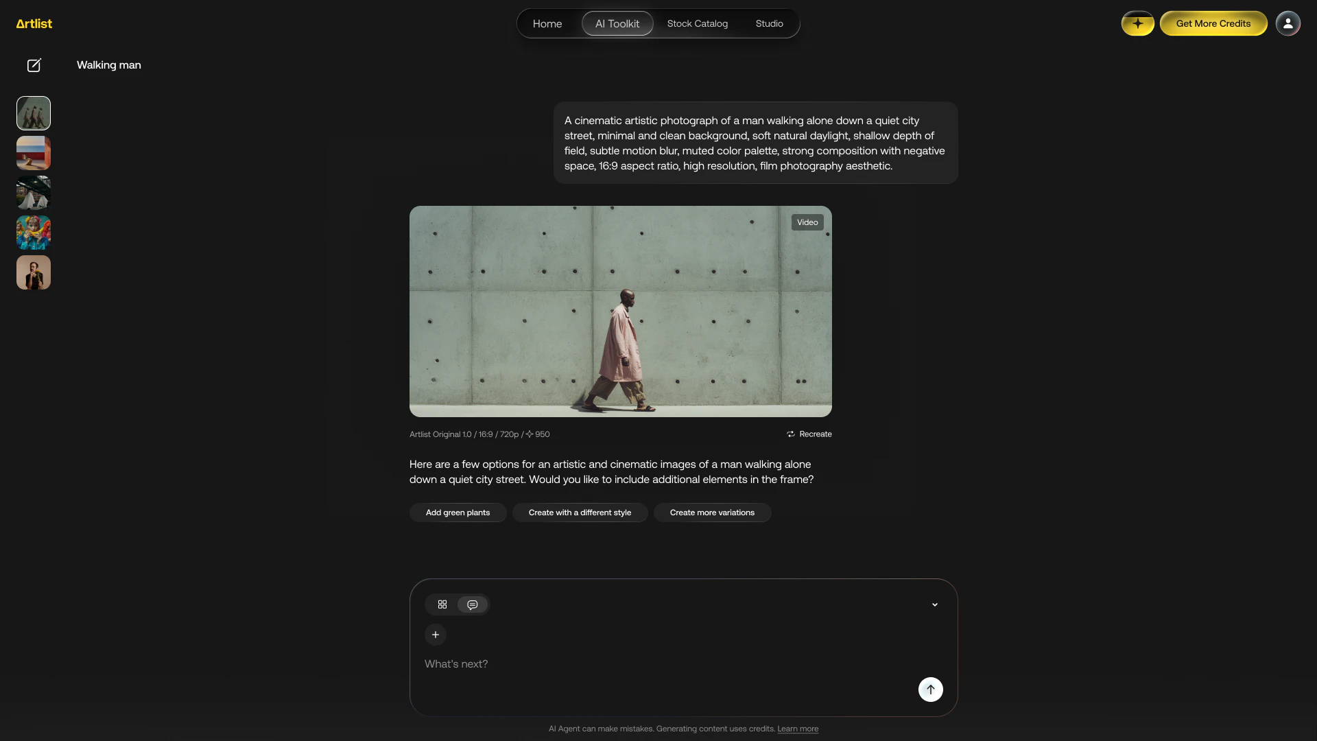 screenshot of the AI agent mode in the Artlist AI Toolkit, to generate one image