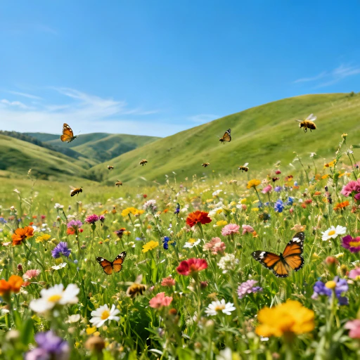 AI iamge of a green hills, blue sky. glowers and butterflies